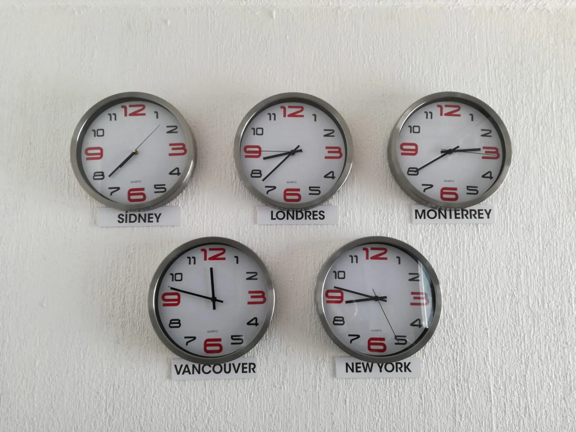 5 clocks representing different time zones