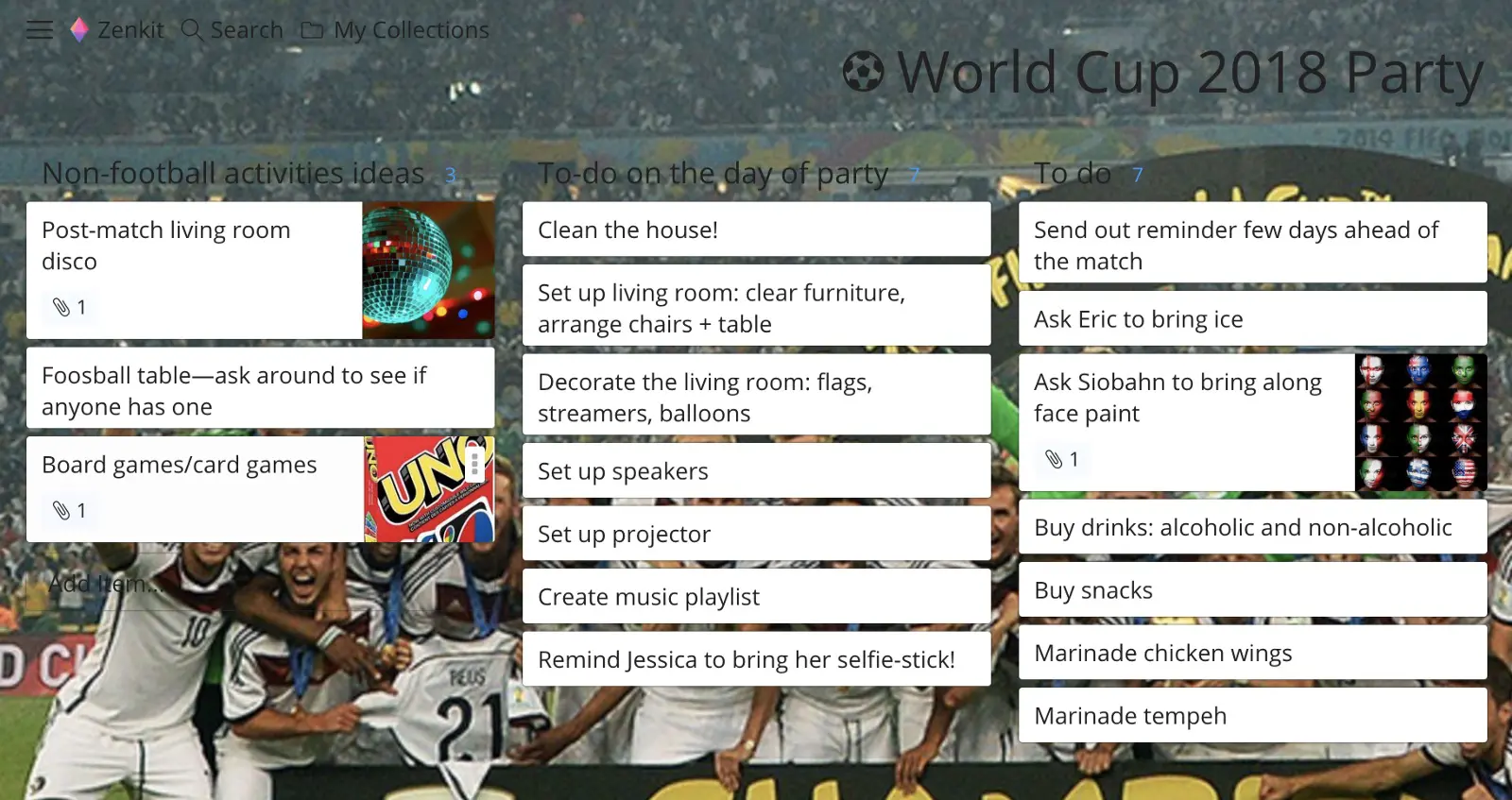 World Cup party planner on Zenkit's Kanban board