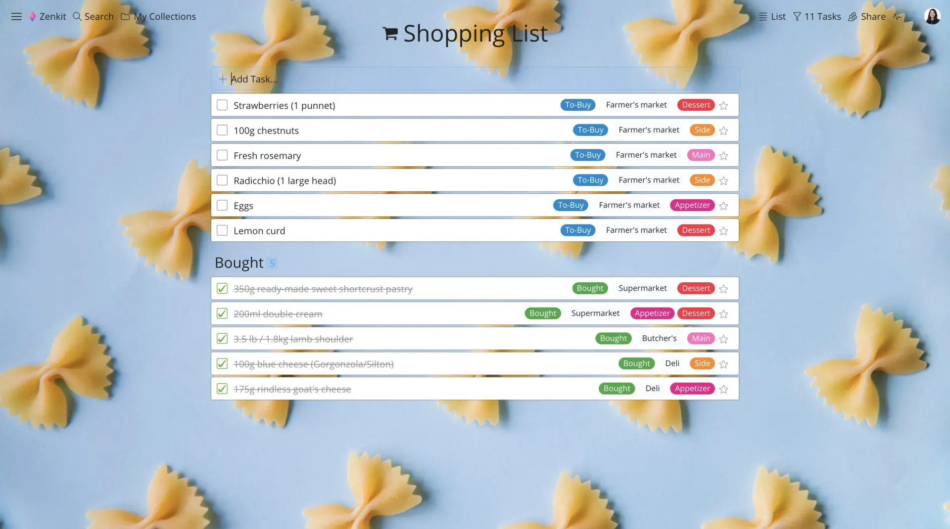 Meal planner shopping list on Zenkit project management tool